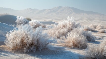 A serene winter desert scene with frost-covered shrubs in the foreground, soft rolling sand dunes in the midground, and hazy blue mountains under a pale sky in the distance.