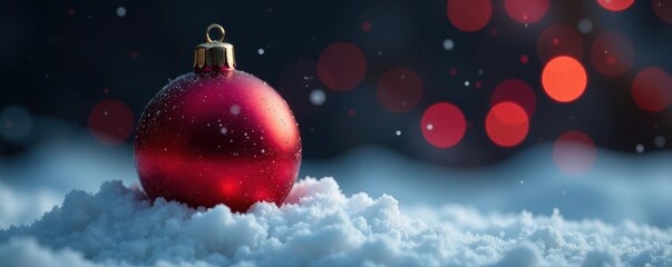 Red bauble on snowy mound, black background, bokeh lights , snow, snow texture, bokeh