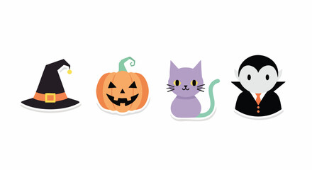 Obraz premium Delightful Halloween icons featuring a cute vampire, smiling pumpkin, playful cat, and classic witch hat for spooky season fun and festive designs