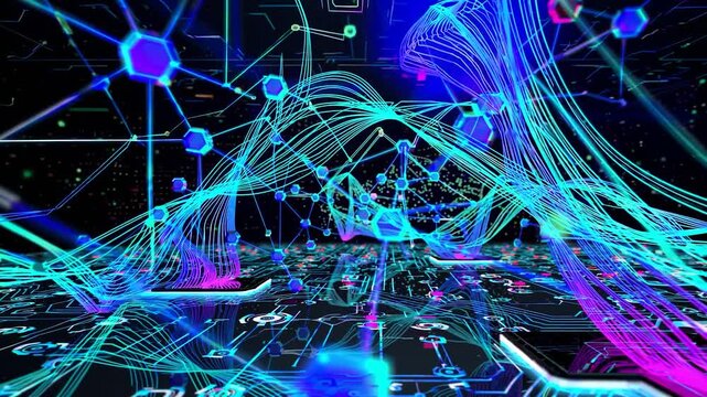 Glowing neural network traces on a digital motherboard, visualizing ai and machine learning data flows, futuristic circuitry and interconnected processing cores in blue tones - Powered by Adobe