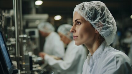 In a food production facility, a woman in a hairnet and white coat focuses on operating the controls while another worker checks equipment nearby. The women ensure safety and effic