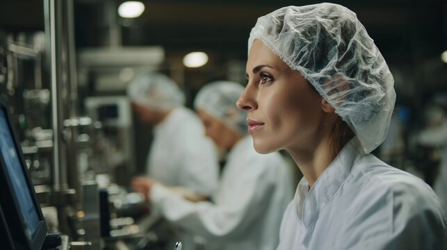In a food production facility, a woman in a hairnet and white coat focuses on operating the controls while another worker checks equipment nearby. The women ensure safety and effic