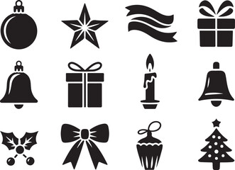 Hand drawn vintage christmas icons ornament, star, ribbon, gift, bell, candle, bow, tree. Vector Black silhouettes. with white background