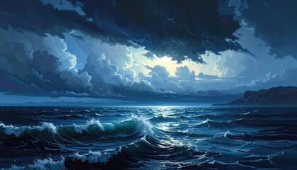 Stormy sea meets cloudy skies, illuminated by a bright glow