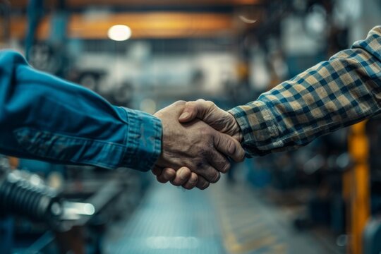 Two adults shaking hands in a workshop showing trust and collaboration - Powered by Adobe