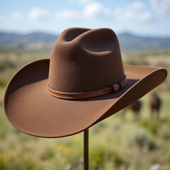 Cowboy hat resting on wooden post in foggy field  

