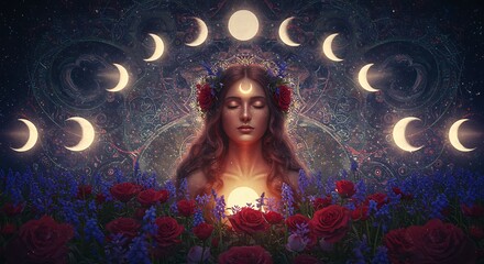 Mystical Woman with Moon Phases and Glowing Heart in a Floral Setting.