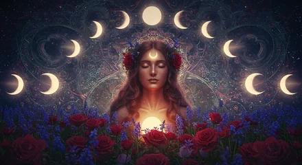 Fototapete Mädchenzimmer Mystical Woman with Moon Phases and Glowing Heart in a Floral Setting.  © Poncotan