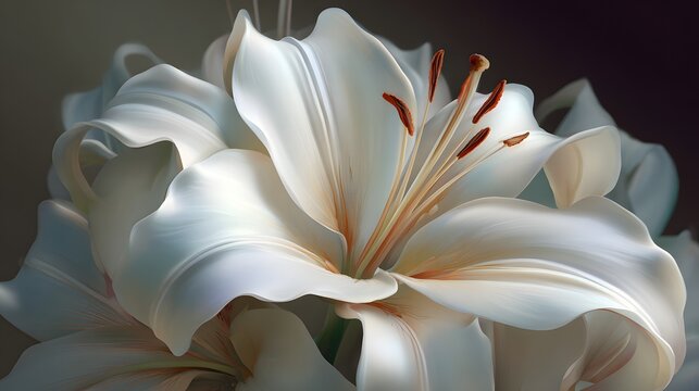 Close up perspective reveals the intricate structure of several blooming white lilies