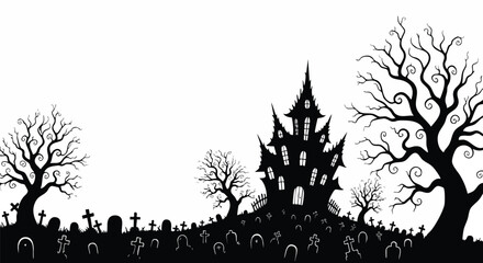 Eerie Halloween night scene with haunted mansion and spooky graveyard, perfect for invitations and seasonal promotions or creative designs that thrill