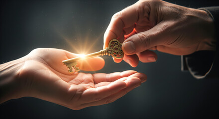 Elderly hand handing over glowing golden key to young hand symbolizing inheritance success and unlocking future opportunities