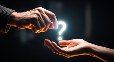Elderly hand giving glowing question mark symbol to young hand representing curiosity learning and asking for advice mentor concept