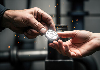 Industrial concept of old hand passing glowing gear cogwheel to young hand for engineering career and teamwork mechanism
