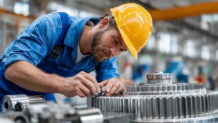Precision in Manufacturing: A focused industrial worker, clad in protective gear, meticulously examines the intricate mechanisms of a machine.