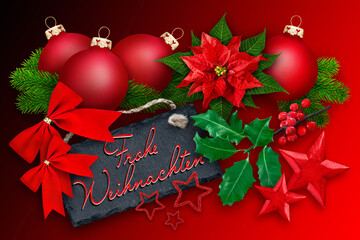 German Merry Christmas label and red decoration with balls, winter rose, label and fir branches
