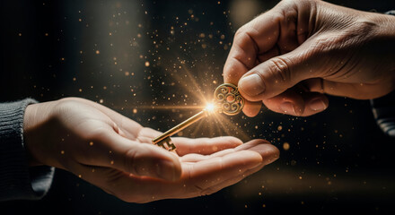 Elderly hand handing over glowing golden key to young hand symbolizing inheritance success and unlocking future opportunities