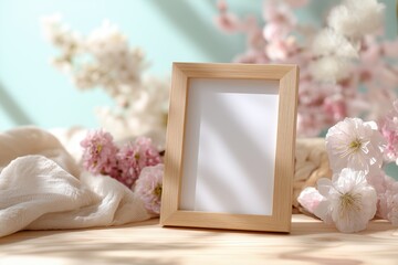 Wooden Frame with Blossom: A blank wooden frame sits amongst soft fabric and delicate pink blossoms, offering a serene space for personalization and artistic expression.