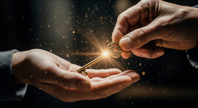 Elderly hand handing over glowing golden key to young hand symbolizing inheritance success and unlocking future opportunities