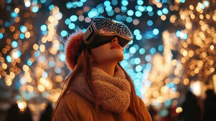 Young woman in cozy winter clothes wearing a VR headset, exploring a festive holiday metaverse amid twinkling blue and gold lights, immersed in magical digital night
