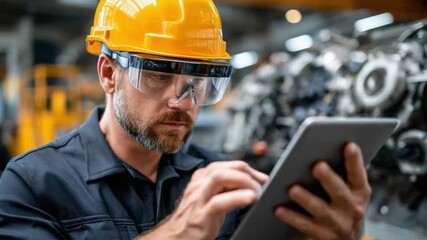 Engineering Analysis: A focused engineer, adorned in safety attire, delves deep into data analysis on a digital tablet within a bustling industrial environment.