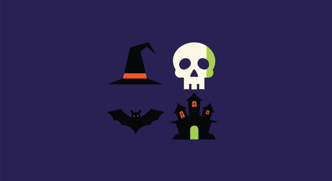 Spooky Halloween Icons: Bat, Witch Hat, Skull, and Haunted House against a Dark Purple Background for Creepy Season Celebrations and Fun Holiday Designs