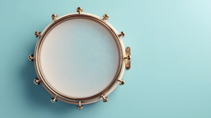 A white tambourine with gold accents on a blue background