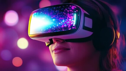 Young smiling woman exploring the metaverse with a virtual reality headset during the christmas holidays, with a galaxy reflected in the glasses and colorful bokeh lights in the background