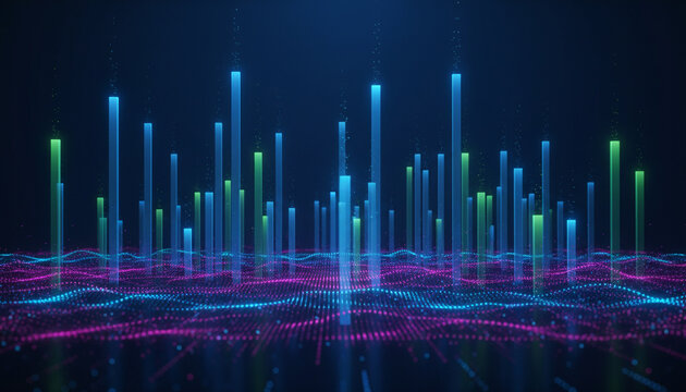 Abstract visualization of data with blue and green bars on a wavy purple and blue surface