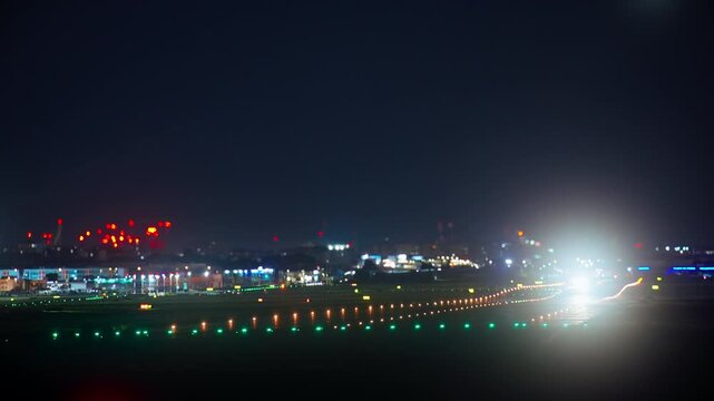 Aircraft lifting off runway surrounded by colorful lights during nighttime using tilt-shift blur