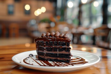 Delicious chocolate cake slice on a plate in a cozy caf?