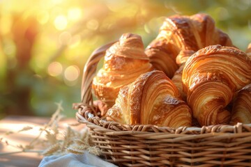 Freshly baked croissants in a basket with warm sunlight
