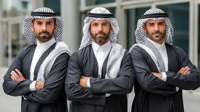 Three Arab men in traditional thawb and ghutra standing in front of a modern building with arms crossed, projecting confidence and professionalism.