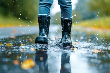 Child enjoying splashing in puddles while wearing rain boots