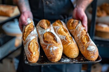 Baker holding fresh bread loaves in a bakery