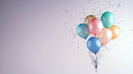 A cluster of seven colorful balloons, including blue, pink, teal, and orange, are suspended in the air with confetti falling around them.