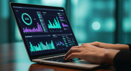 Person typing on laptop displaying financial graphs, representing data analysis and market trends, suitable for business or technology related concepts