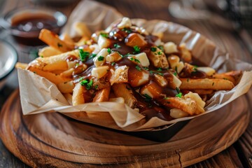 Delicious poutine with fries and gravy served in a bowl