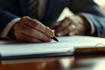 Adult man writing on a document with focus and concentration