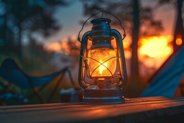 A glowing lantern on a wooden table at sunset