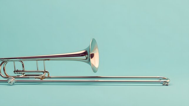 Shiny silver trombone resting on a smooth light blue background