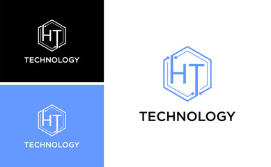 Modern HT Technology Logo with Hexagon Circuit Design for Digital Innovation Branding and High Tech Corporate Identity