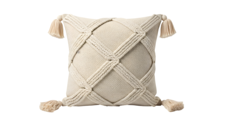 Cream Textured Square Pillow with Braided Design and Tassels isolated on a transparent background cushion