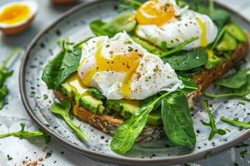 Delicious poached eggs on avocado toast with spinach