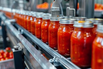 Jars of tomato sauce on a production line in a factory