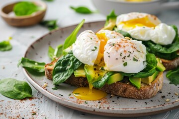 Delicious poached eggs on avocado toast with spinach