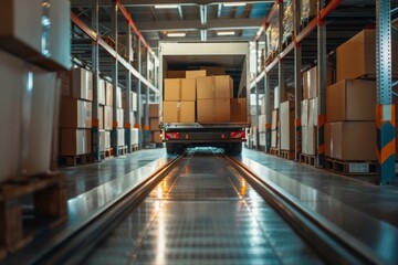 Delivery truck unloading boxes in a warehouse