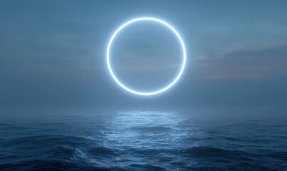 Glowing ethereal ring hovers over calm ocean under a misty, twilight sky