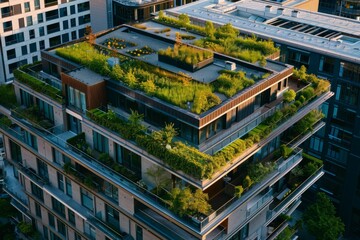 Modern building with green rooftop garden in urban setting