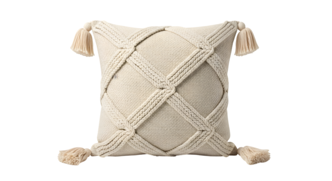 Cream Textured Square Pillow with Braided Design and Tassels isolated on a transparent background cushion