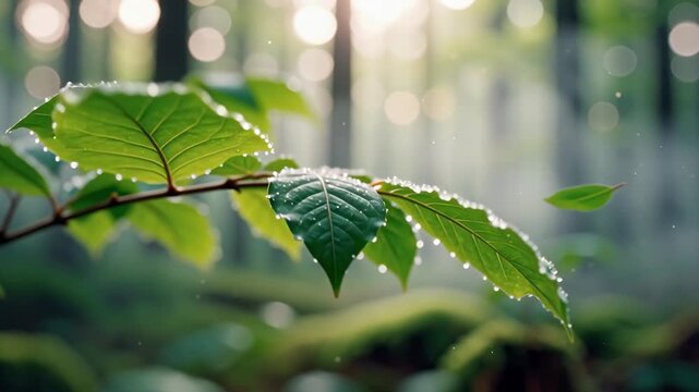 Close-up forest phytoncide mood, shallow depth of field shot of dew covered green leaves swaying gently in slow motion, soft morning backlight and bokeh, visible mist and tiny dust particles in air
